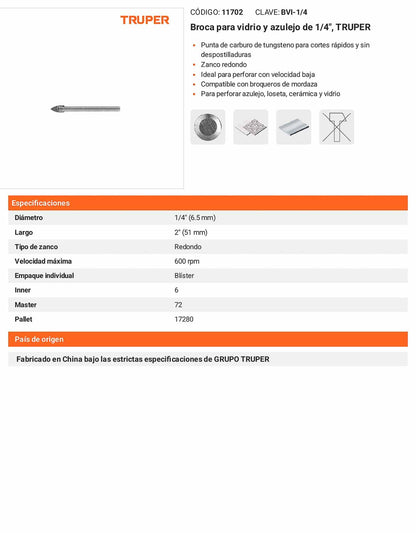 Broca para vidrio y azulejo de 1/4"