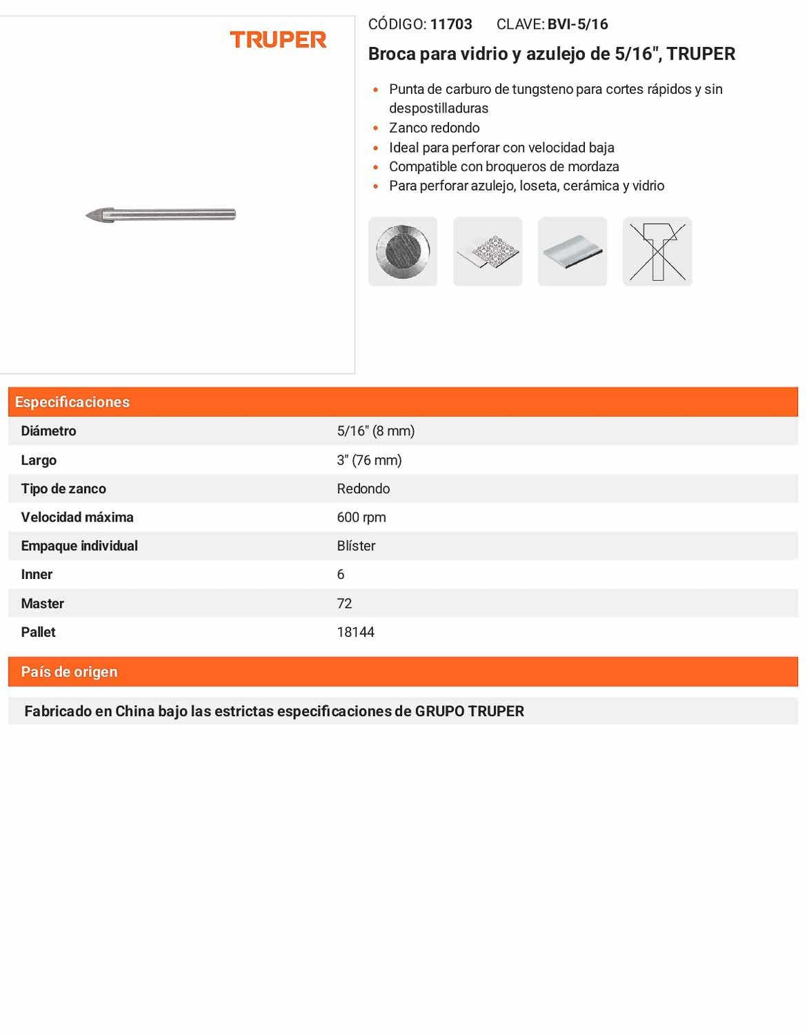Broca para vidrio y azulejo de 5/16"