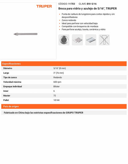 Broca para vidrio y azulejo de 5/16"