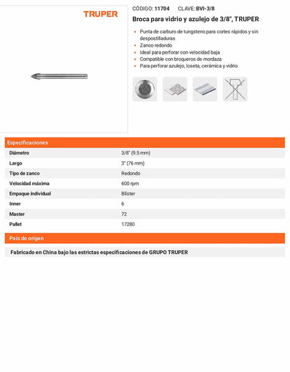 Broca para vidrio y azulejo de 3/8 pulgadas