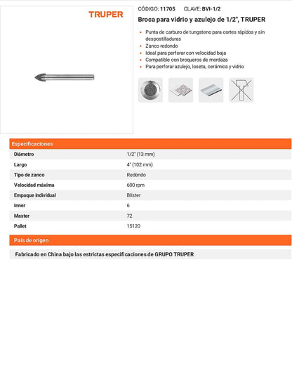 Broca para vidrio y azulejo de 1/2"