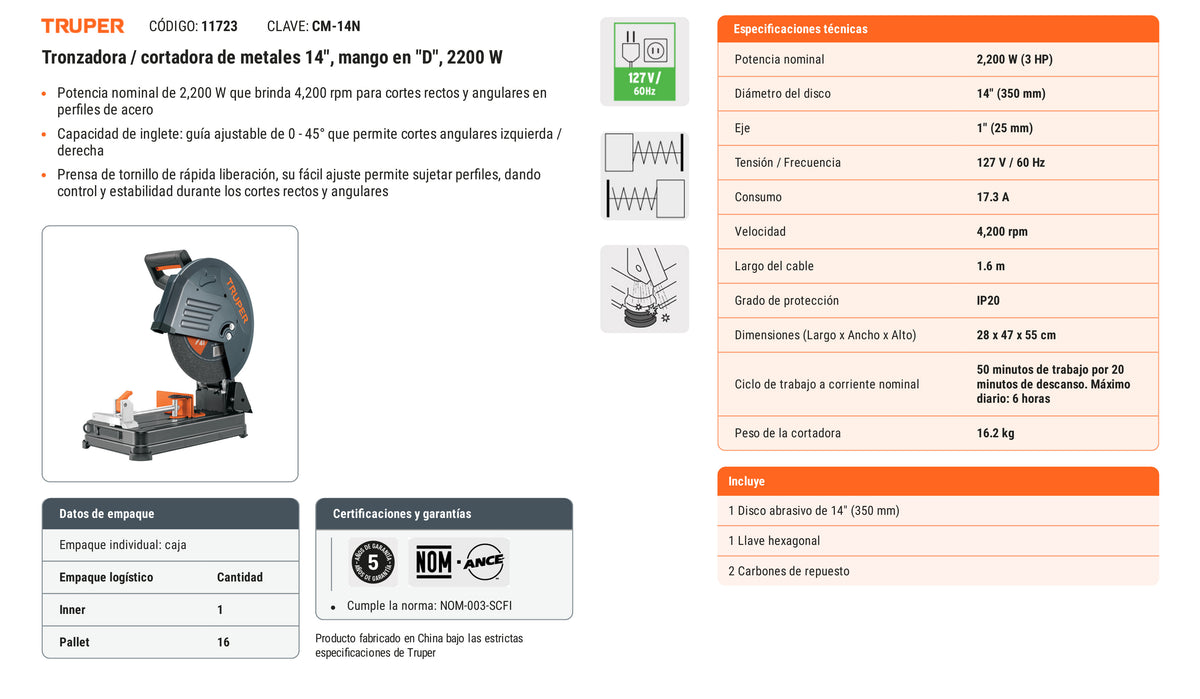 Ficha tecnica - Tronzadora/cortadora de metales 14 pulg mango en D - SKU 11723
