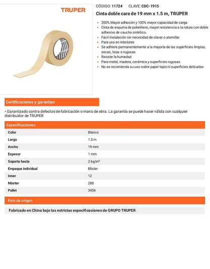 Cinta doble cara delgada 19 mm resistente
