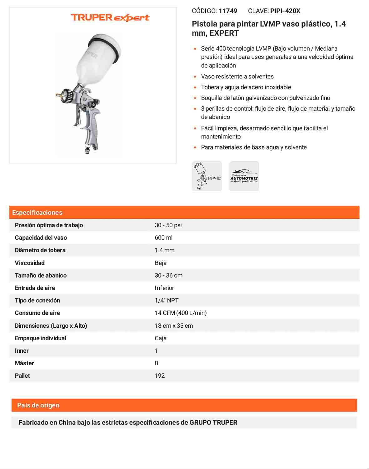 Pistola pintar LVMP 1.4 mm vaso plástico