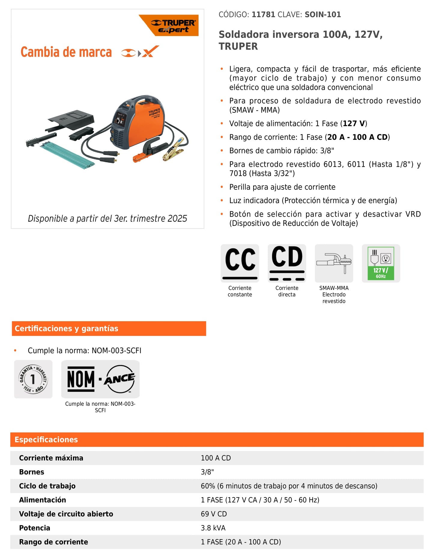 Soldadora inversora de 100 A y 127 V con perilla de ajuste y protección térmica