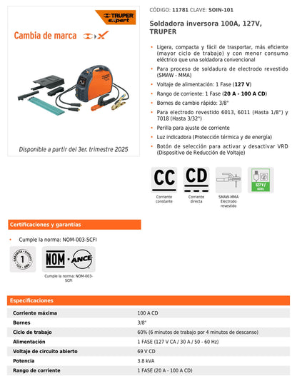 Soldadora inversora de 100 A y 127 V con perilla de ajuste y protección térmica