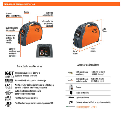 Soldadora inversora de 100 A y 127 V con perilla de ajuste y protección térmica