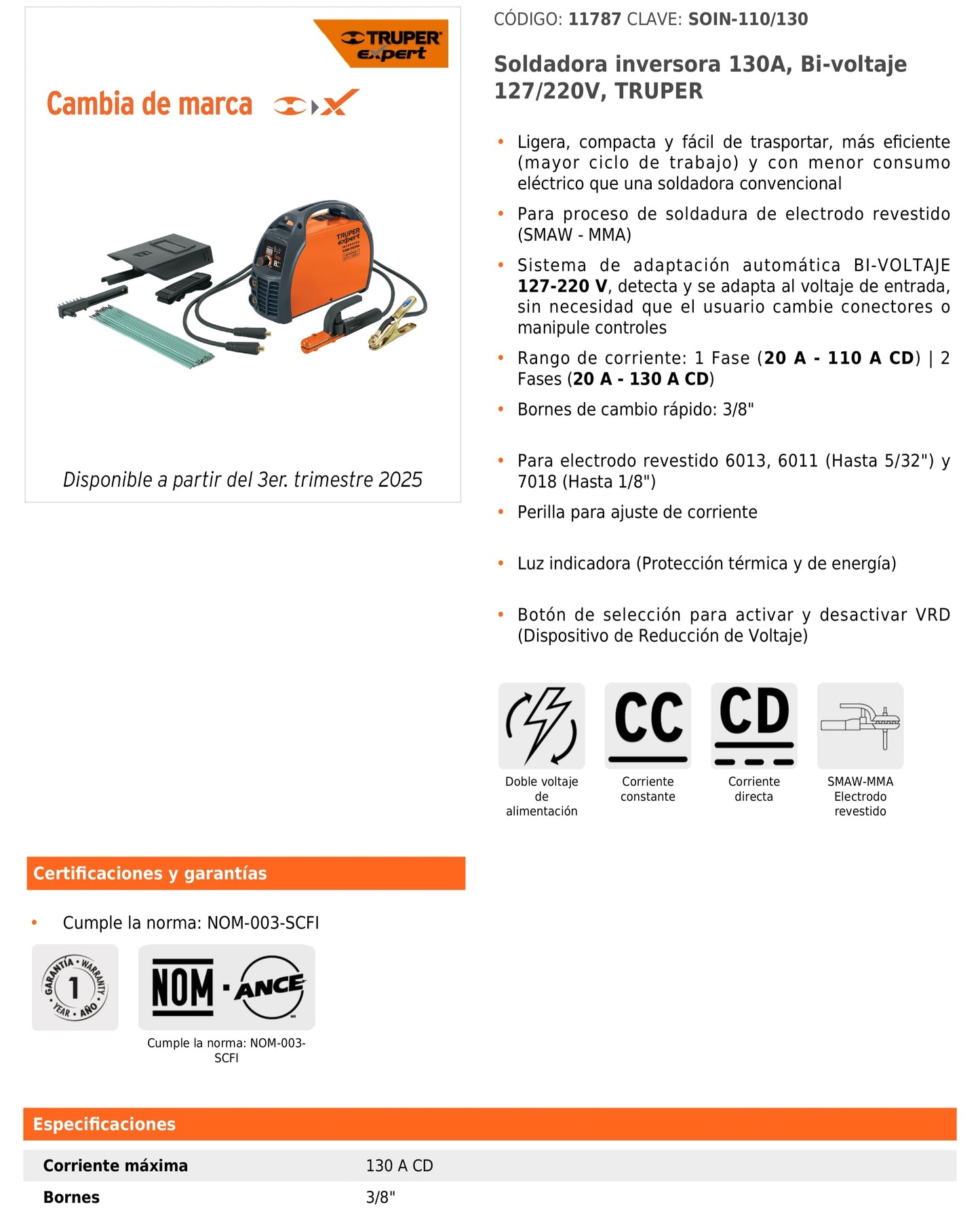 Soldadora inversora de 130 A Bi-voltaje 127/220 V con perilla de ajuste y protección térmica