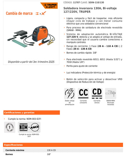 Soldadora inversora de 130 A Bi-voltaje 127/220 V con perilla de ajuste y protección térmica