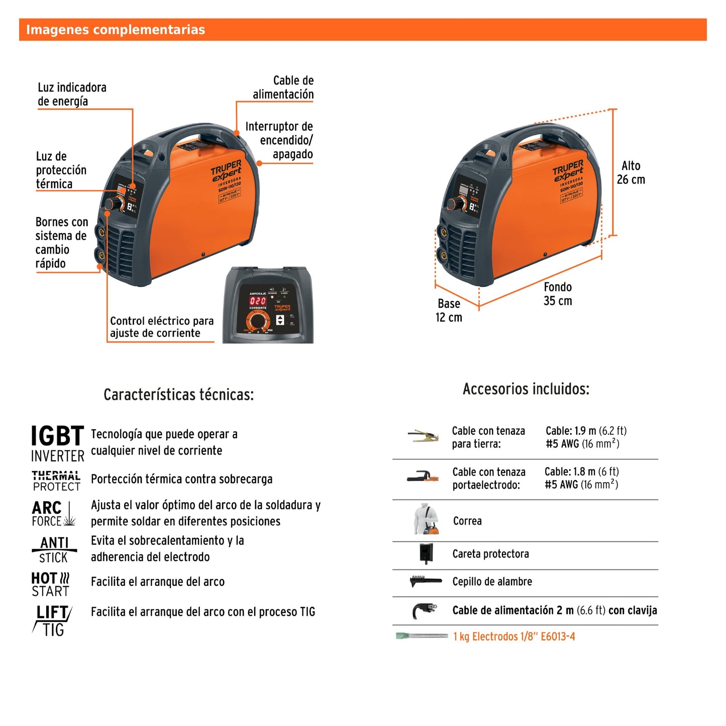 Soldadora inversora de 130 A Bi-voltaje 127/220 V con perilla de ajuste y protección térmica