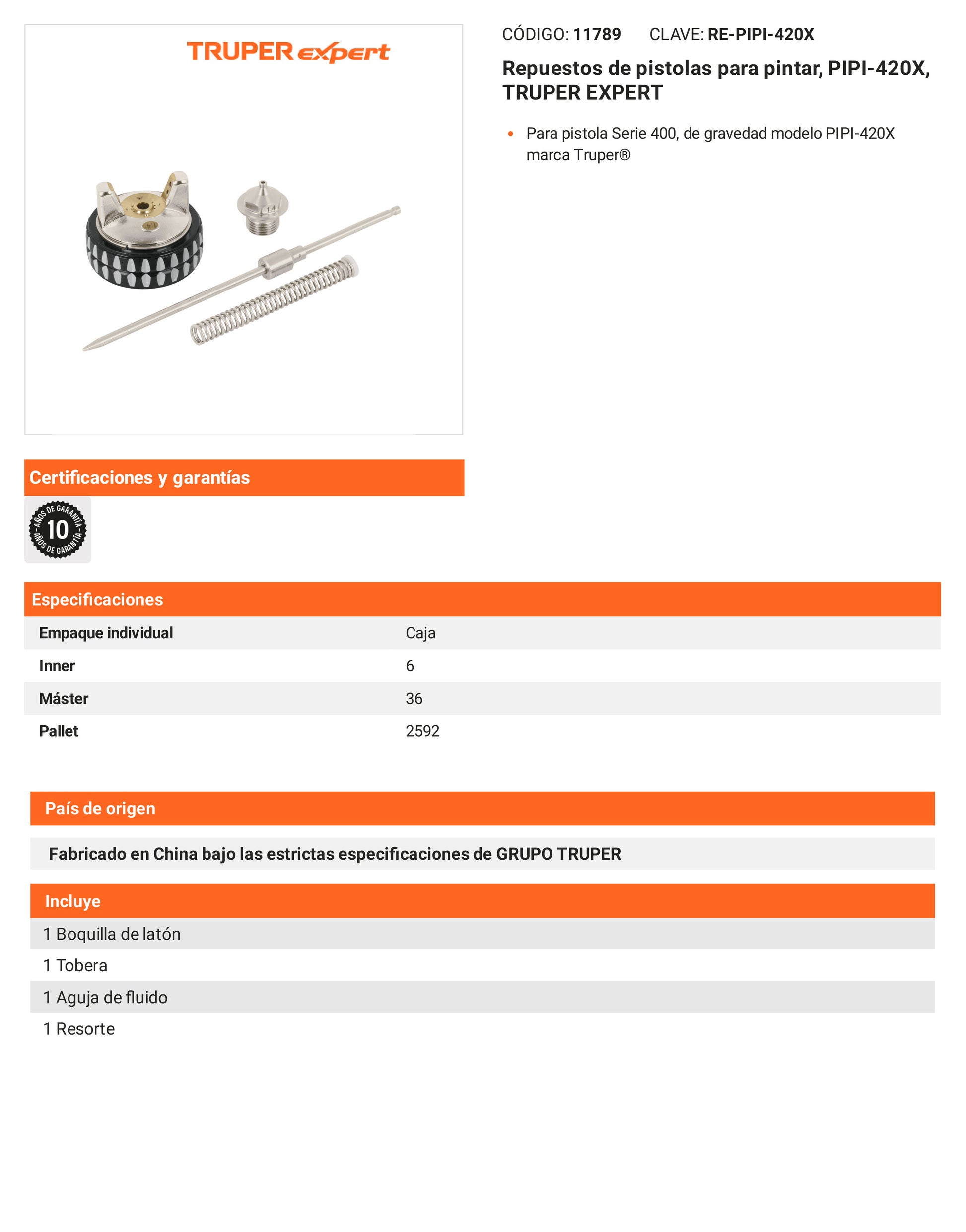 Ficha tecnica - Repuestos de pistolas para pintar PIPI-420X - SKU 11789