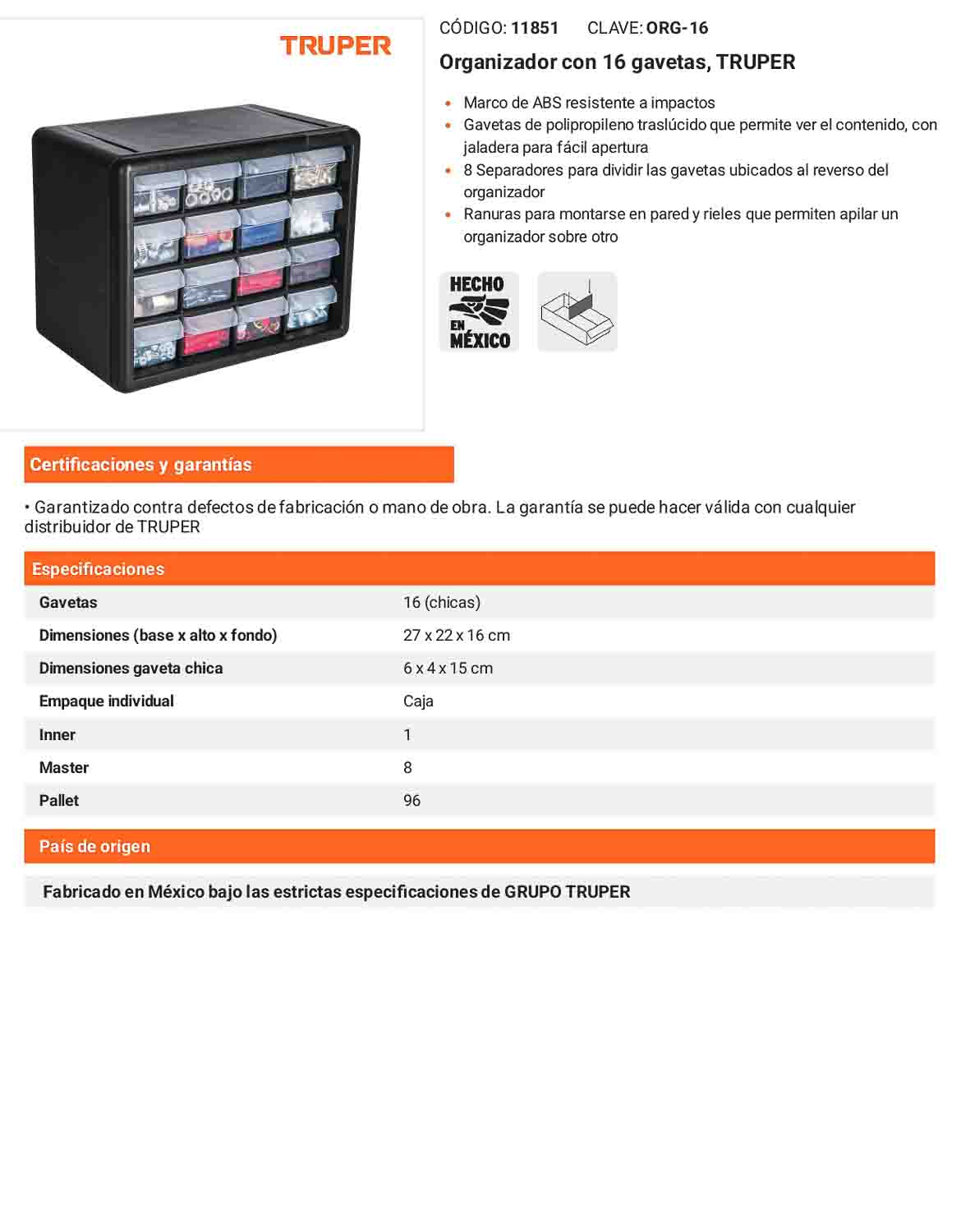 Organizador con 16 gavetas Marco de ABS