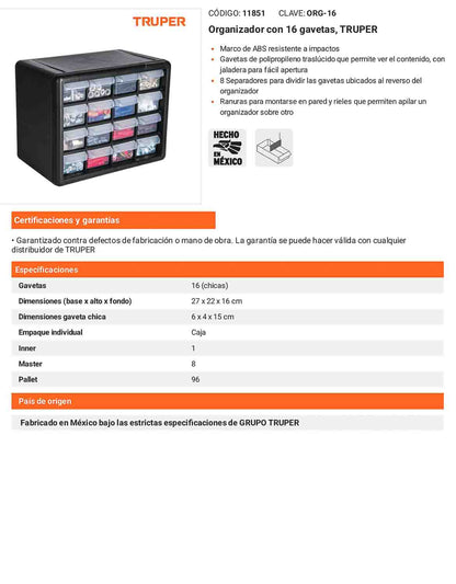 Organizador con 16 gavetas Marco de ABS
