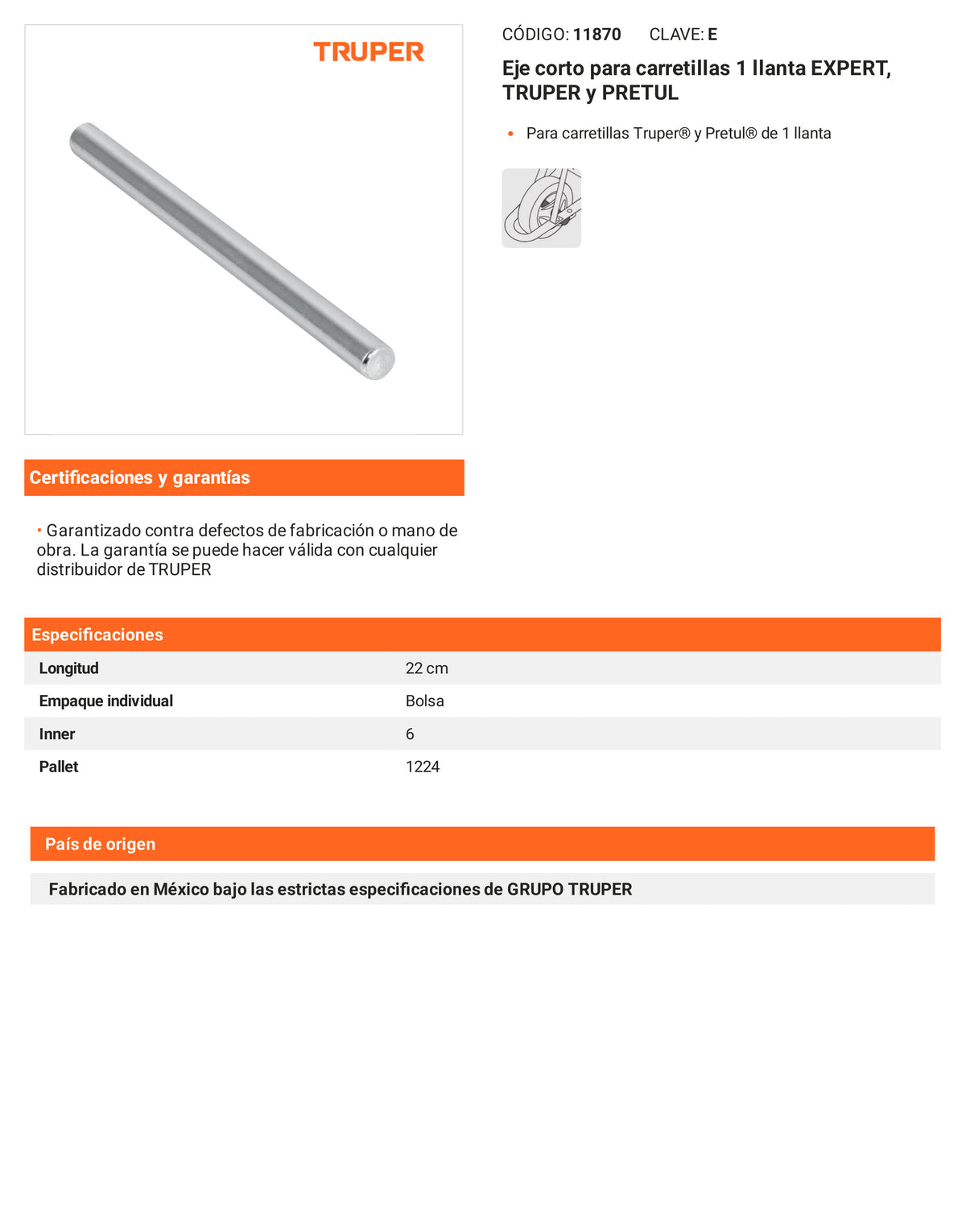 Ficha tecnica - Eje corto para carretillas 1 llanta - SKU 11870