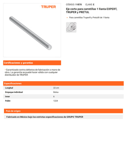 Ficha tecnica - Eje corto para carretillas 1 llanta - SKU 11870