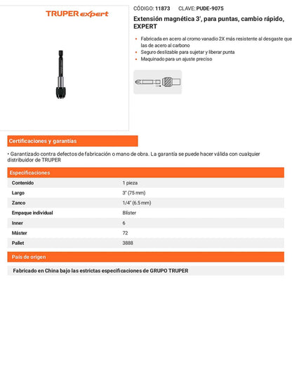 Extensión Magnética de 3" para Puntas  Cambio Rápido