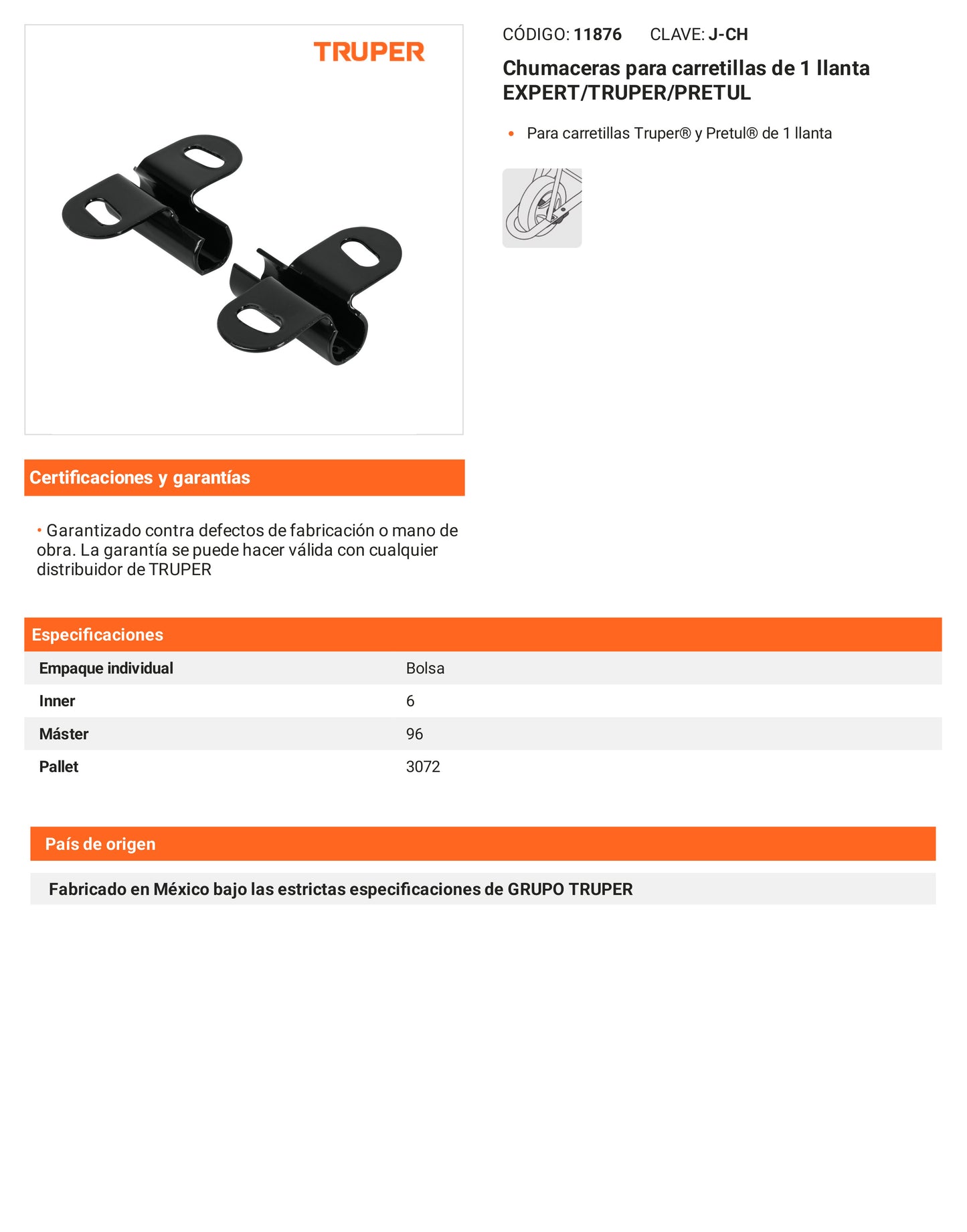 Ficha tecnica - Chumaceras para carretillas de 1 llanta - SKU 11876