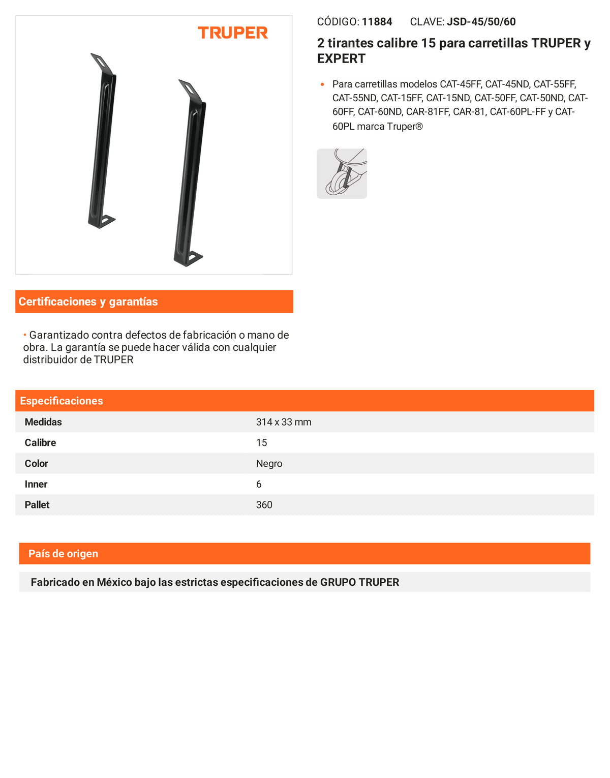 Ficha tecnica - 2 tirantes calibre 15 para carretillas - SKU 11884