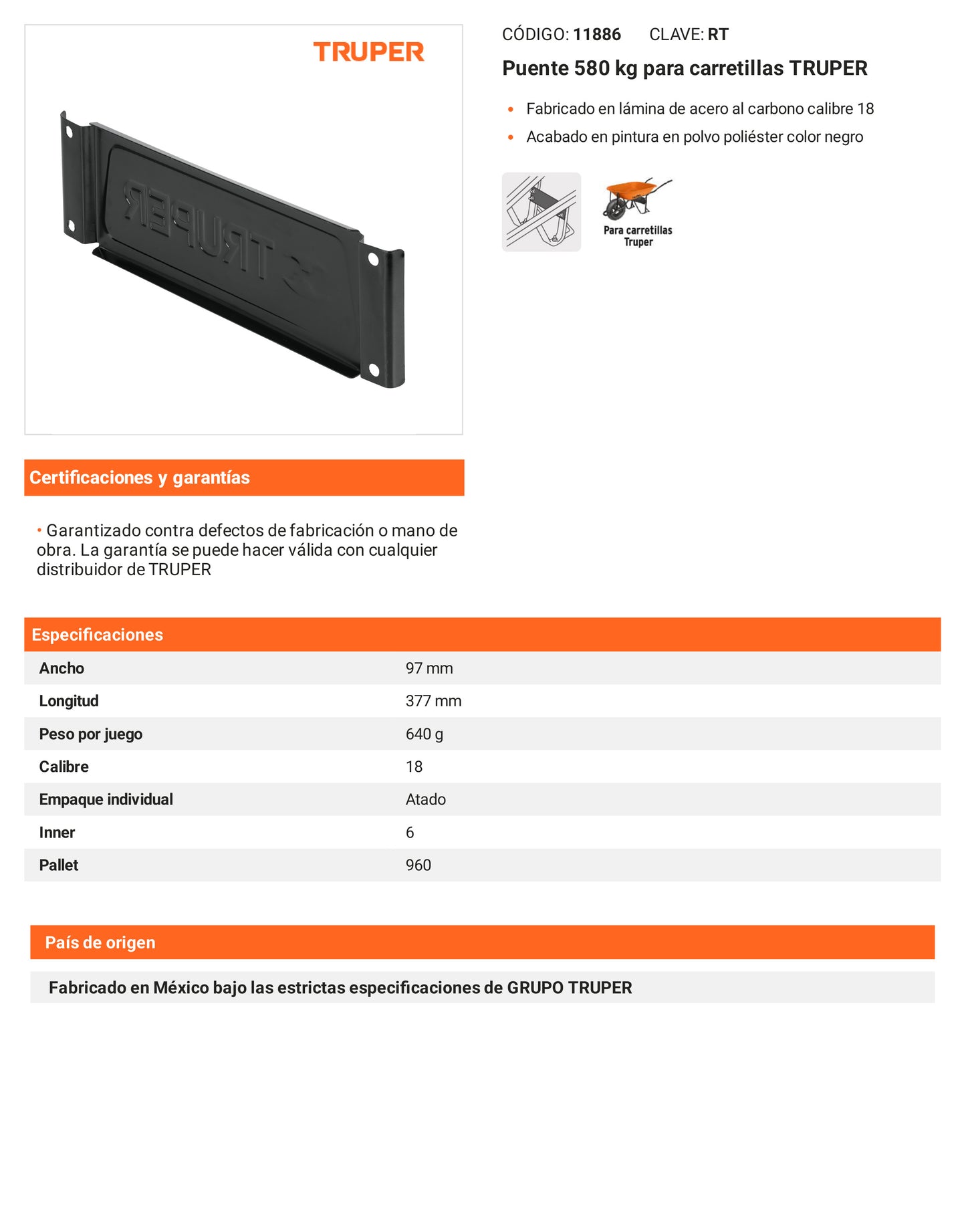 Ficha tecnica - Puente 580 kg para carretillas - SKU 11886