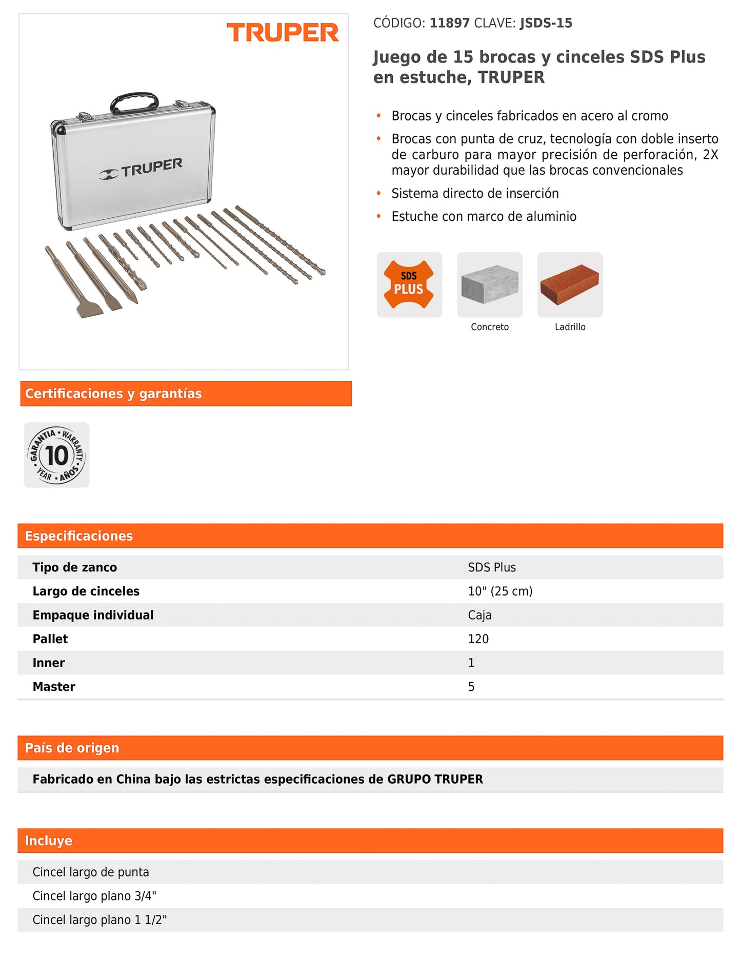 Juego de brocas y cinceles SDS Plus de 15 piezas con estuche de aluminio