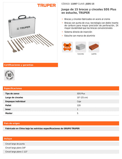 Juego de brocas y cinceles SDS Plus de 15 piezas con estuche de aluminio