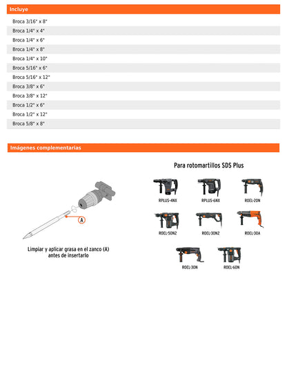 Juego de brocas y cinceles SDS Plus de 15 piezas con estuche de aluminio