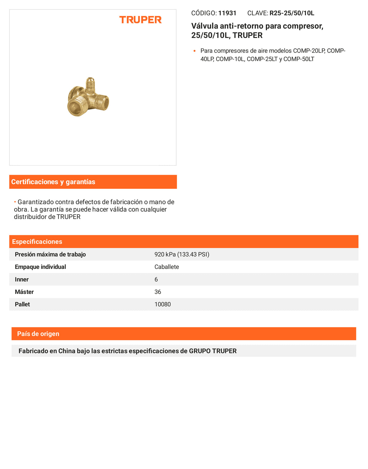 Ficha tecnica - Valvula anti-retorno para compresor 25/50/10L - SKU 11931