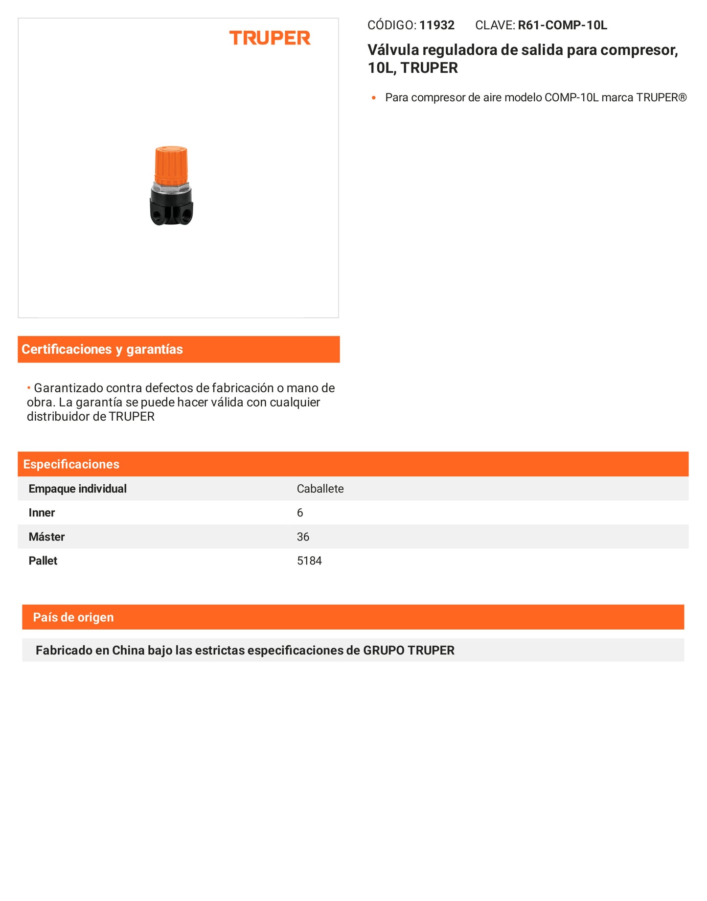 Ficha tecnica - Valvula reguladora de salida para compresor 10L - SKU 11932