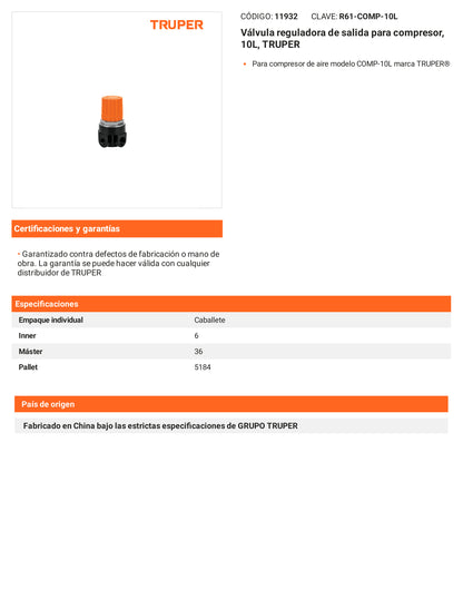 Ficha tecnica - Valvula reguladora de salida para compresor 10L - SKU 11932