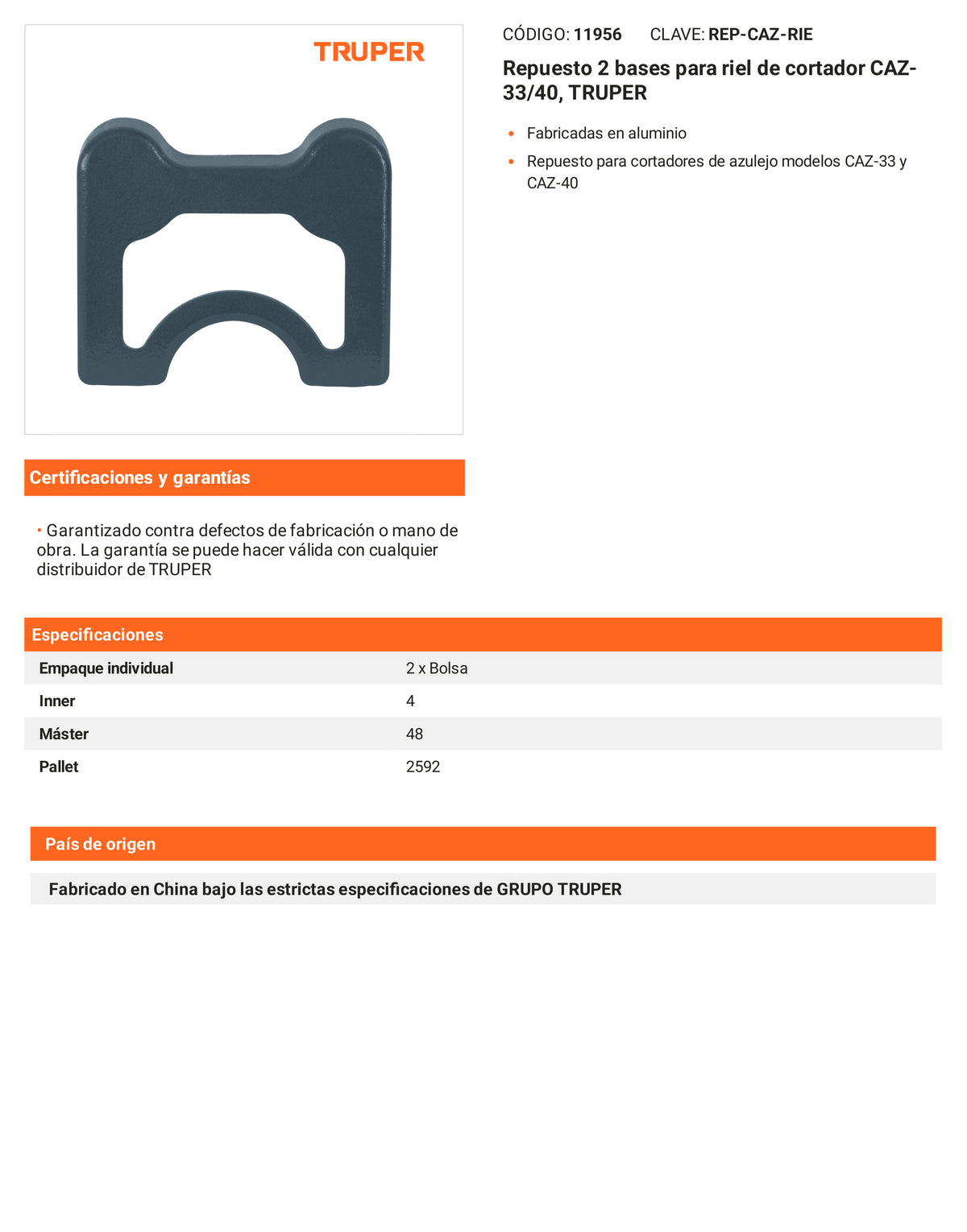 Ficha tecnica - Repuesto 2 bases para riel CAZ-33/40 - SKU 11956