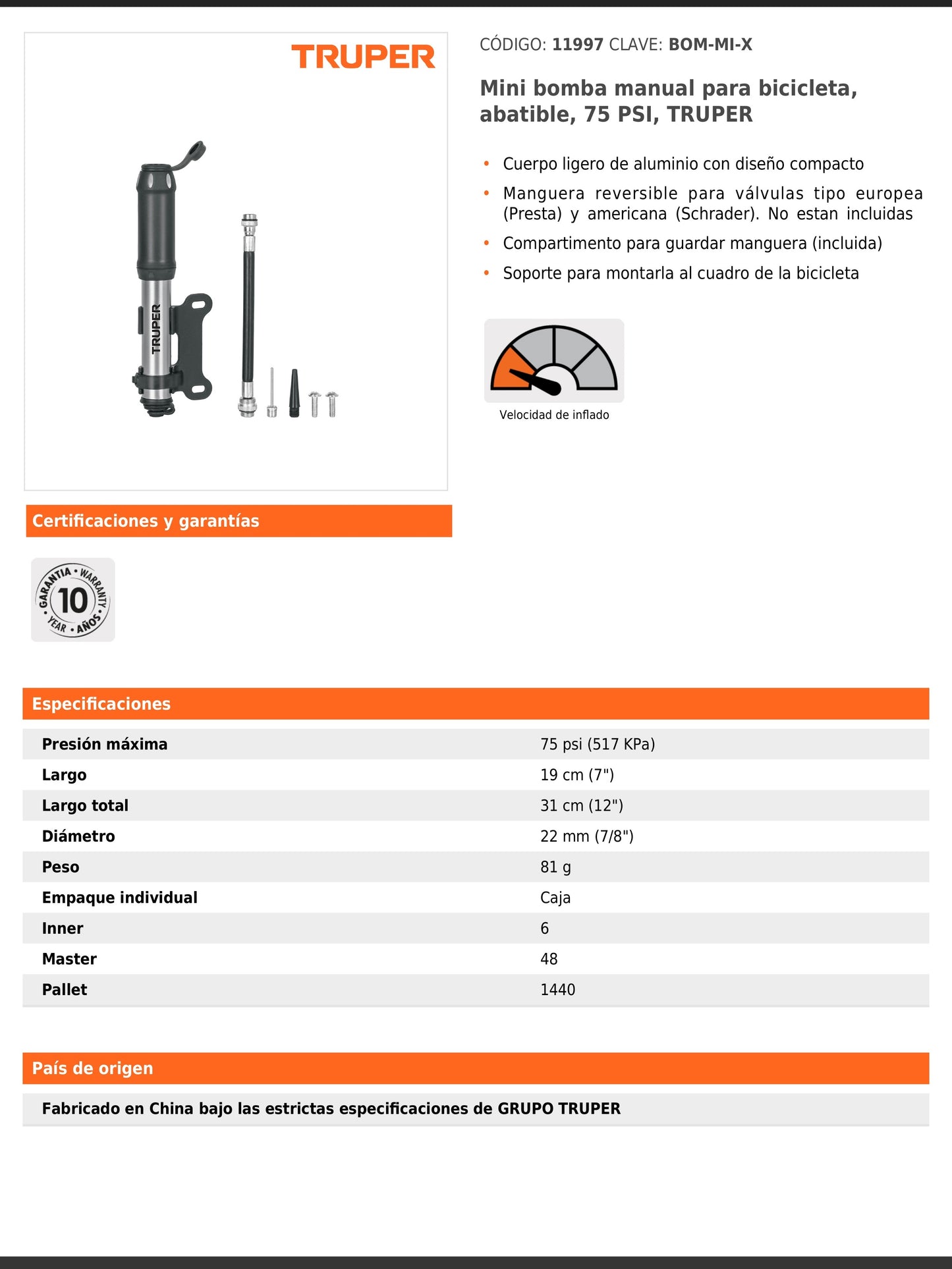 Mini bomba manual para bicicleta de aluminio con manguera reversible