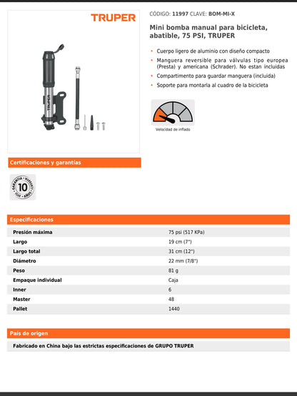 Mini bomba manual para bicicleta de aluminio con manguera reversible