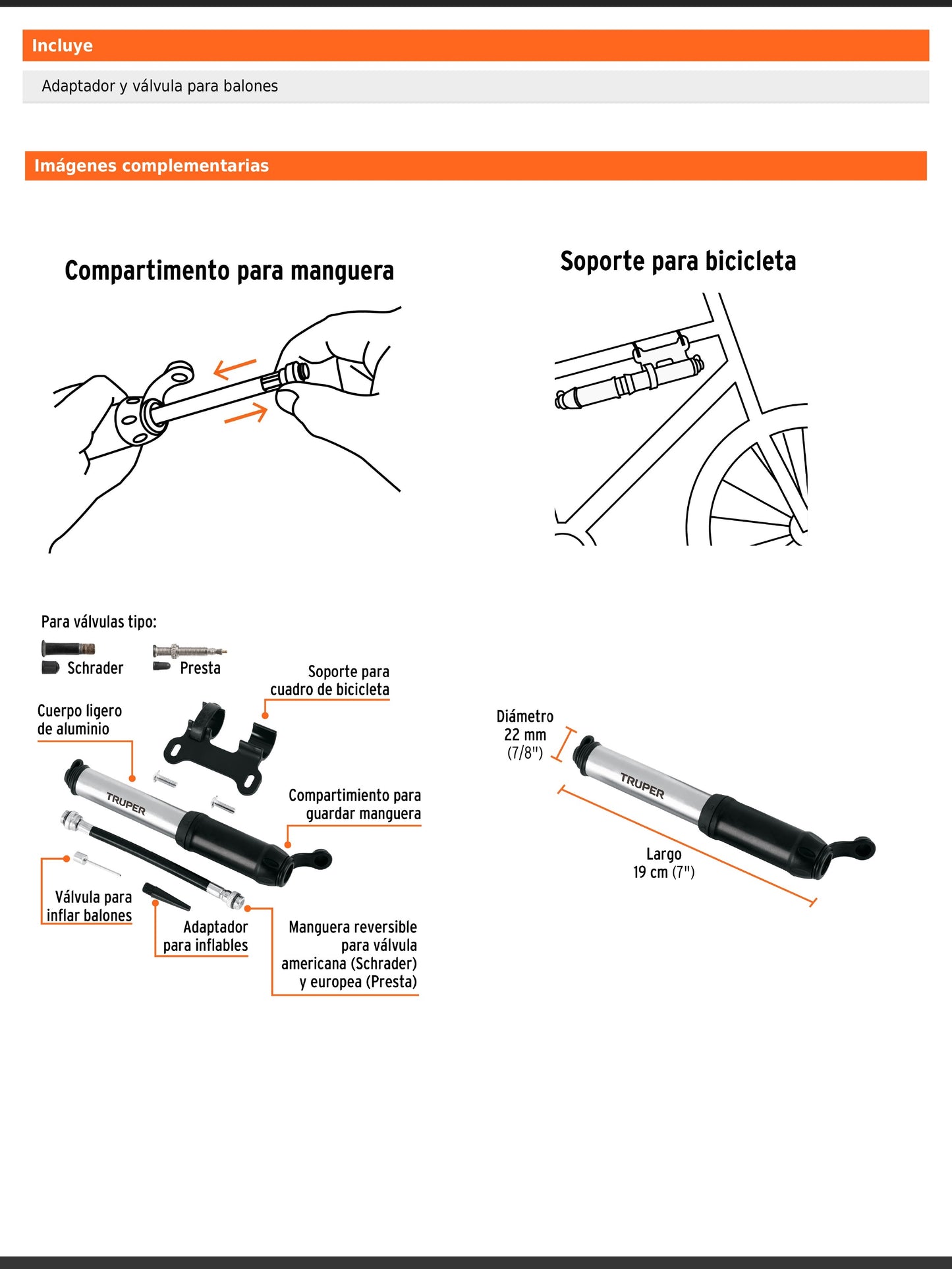 Mini bomba manual para bicicleta de aluminio con manguera reversible