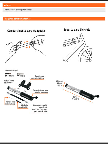 Mini bomba manual para bicicleta de aluminio con manguera reversible