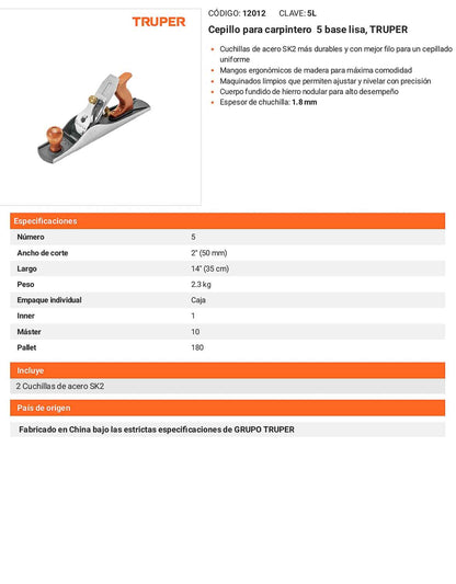 Cepillo de carpintero base lisa 5 pulg.