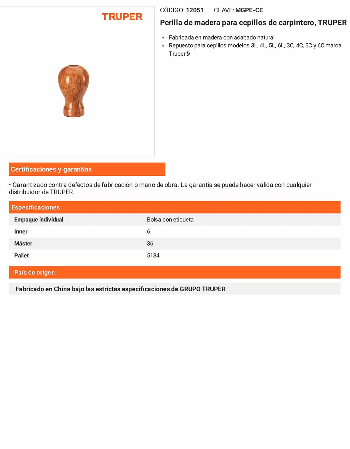 Perilla de madera para cepillo carpintero