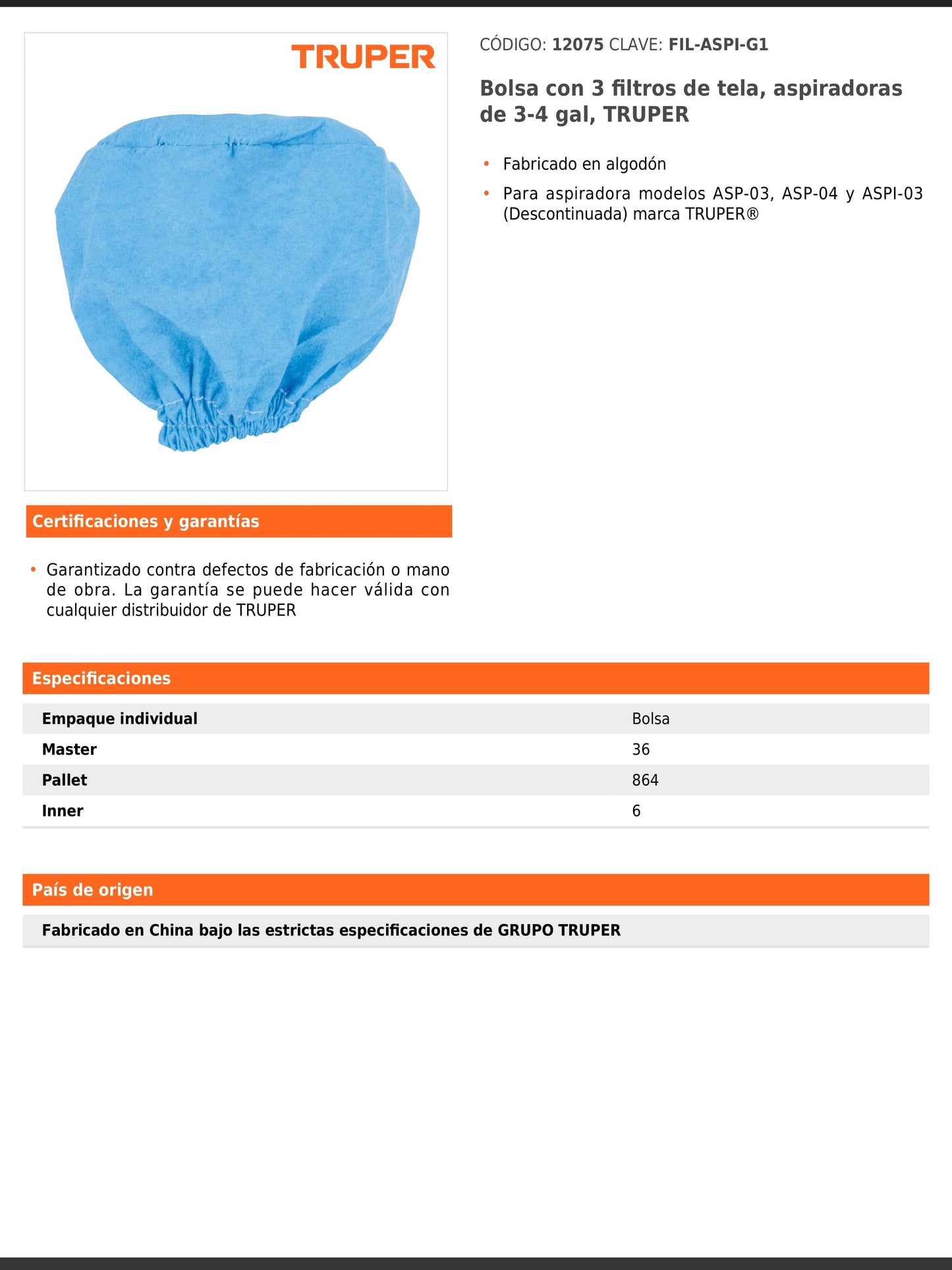 Bolsa con 3 filtros de tela para aspiradoras de 3 y 4 gal