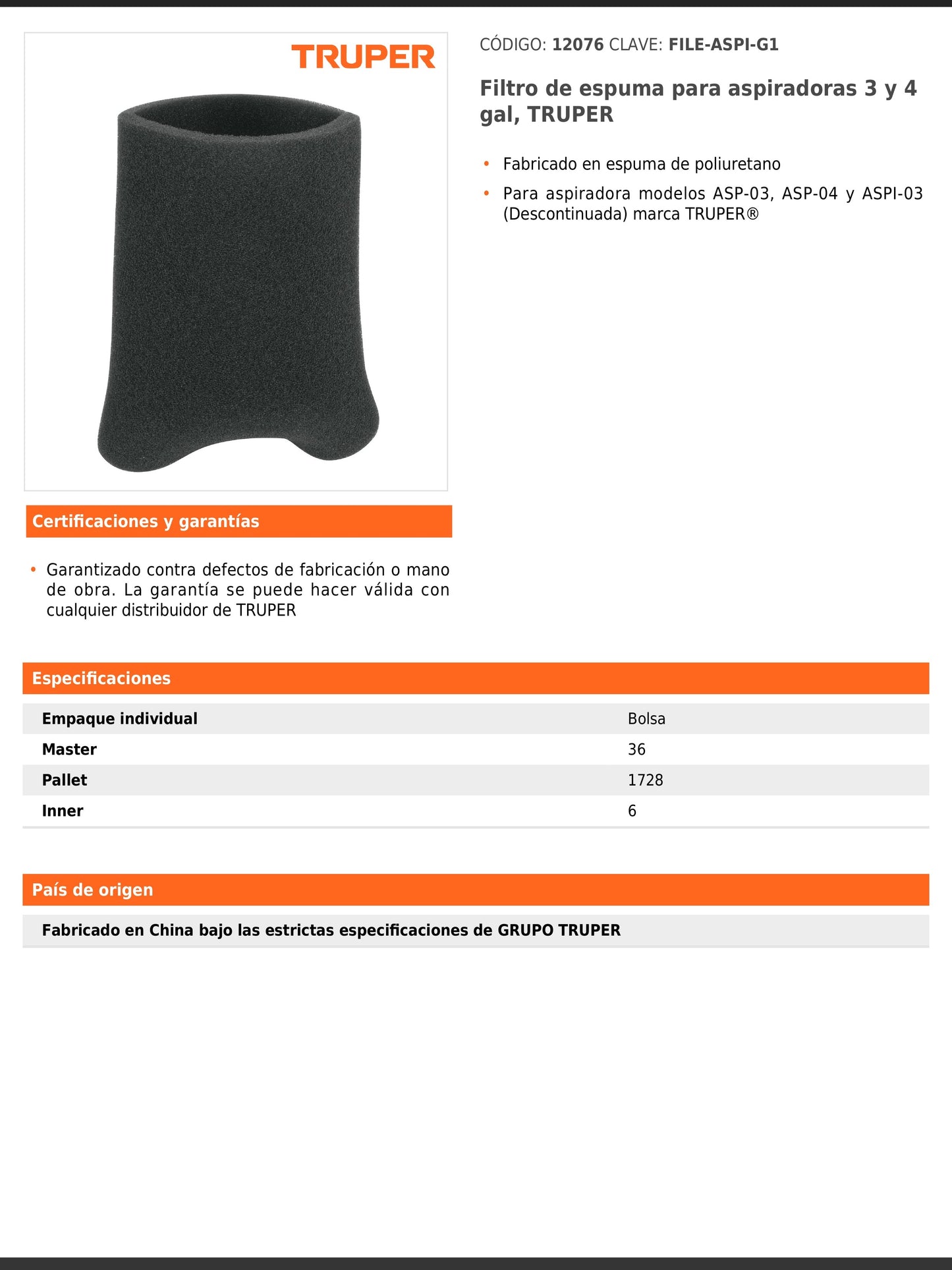 Filtro de espuma para aspiradoras de 3 y 4 gal