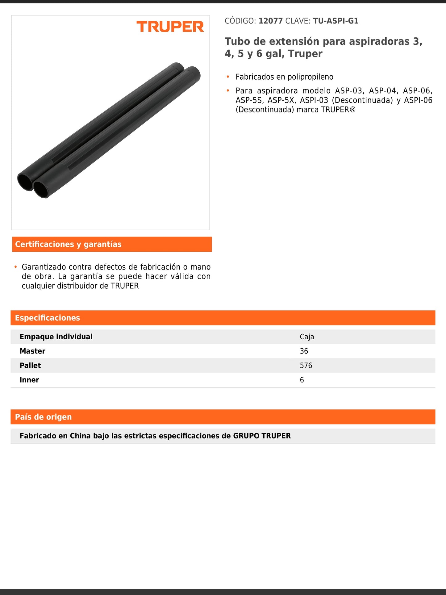 Tubo de extensión para aspiradoras de 3, 4, 5 y 6 gal