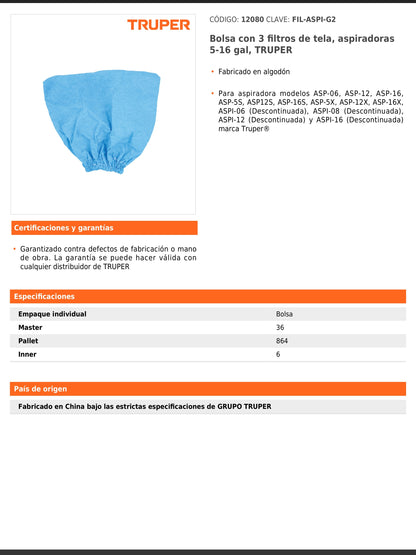 Bolsa con 3 filtros de tela para aspiradoras de 5 a 16 gal