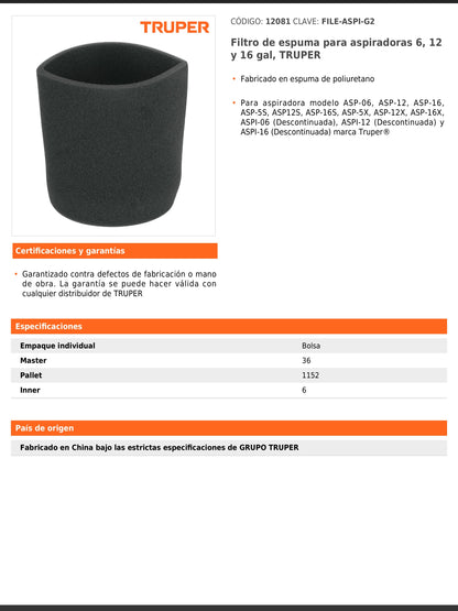 Filtro de espuma para aspiradoras de 6, 12 y 16 gal