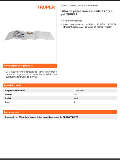 Filtro de papel para aspiradoras de 5 y 6 gal