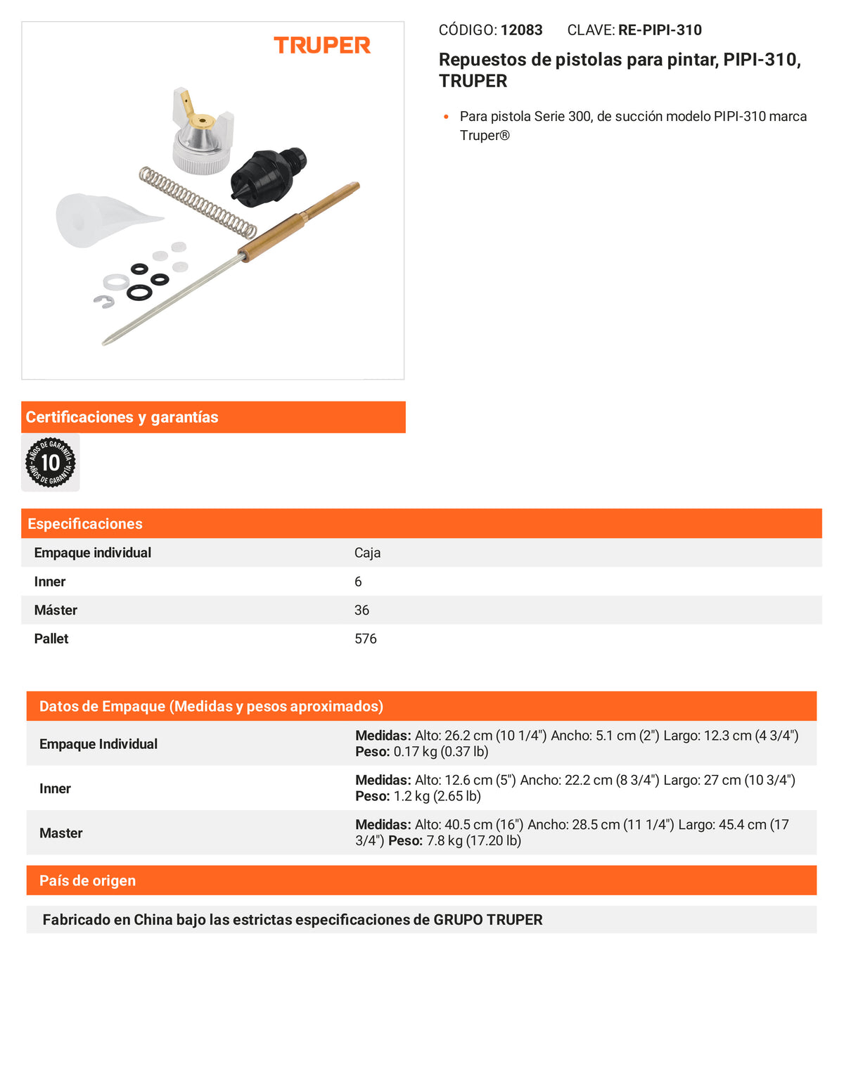 Ficha tecnica - Repuestos de pistolas para pintar PIPI-310 - SKU 12083