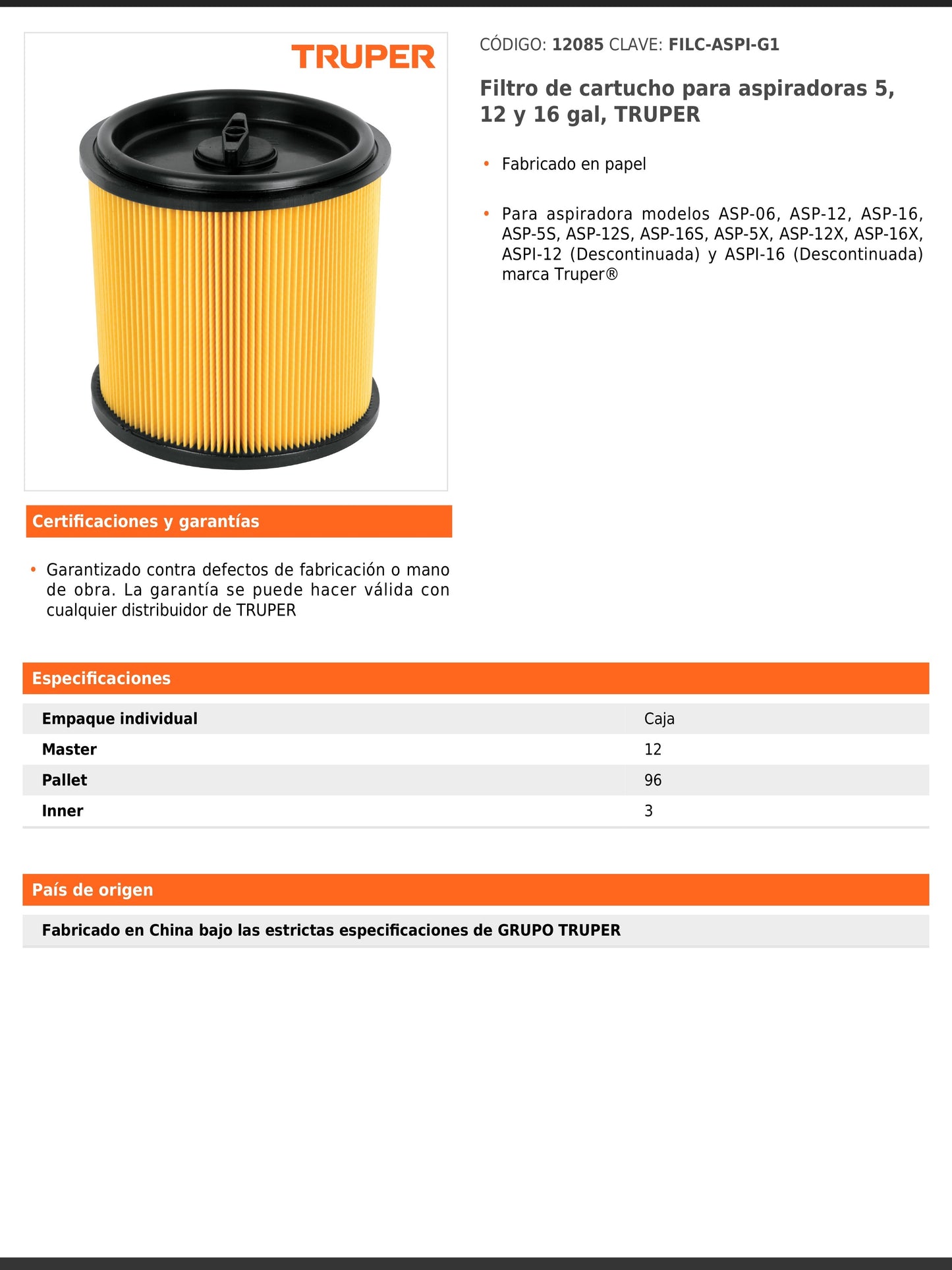 Filtro de cartucho para aspiradoras de 5, 12 y 16 gal