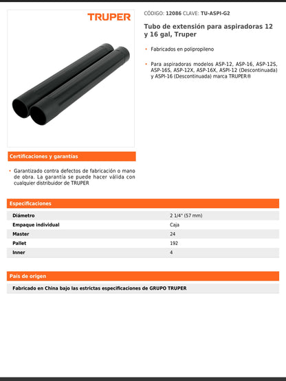 Tubo de extensión para aspiradoras de 12 y 16 gal