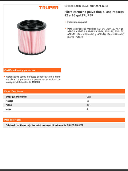 Filtro de cartucho para polvo fino para aspiradoras de 12 y 16 gal