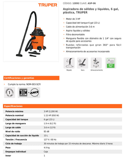 Aspiradora para sólidos y líquidos de 6 galones 3 HP con tanque plástico