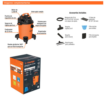 Aspiradora para sólidos y líquidos de 6 galones 3 HP con tanque plástico