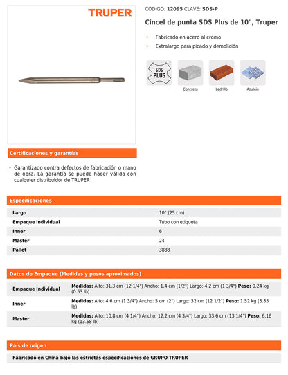 Cincel de punta SDS Plus de 10 in