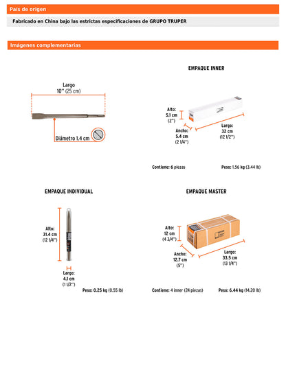 Cincel plano delgado SDS Plus de 3/4 in con largo de 10 in